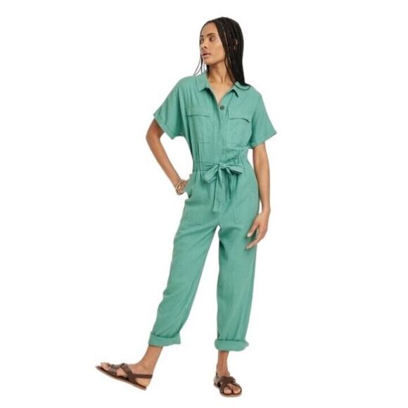 Universal Thread Women Jumpsuit Short Sleeve Boiler Suit Linen Blend Green 6 - Picture 1 of 9